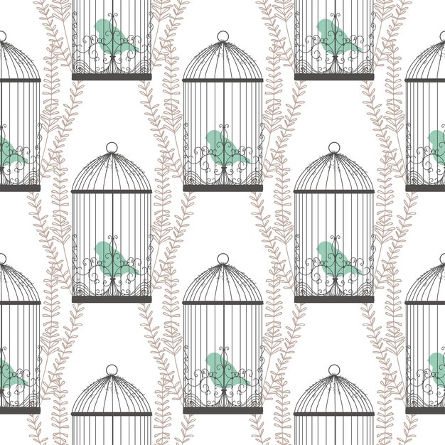 Vector stylish pattern with birds and cages in victorian style birds of paradise golden branches