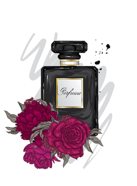 Stylish perfume bottle and beautiful flowers