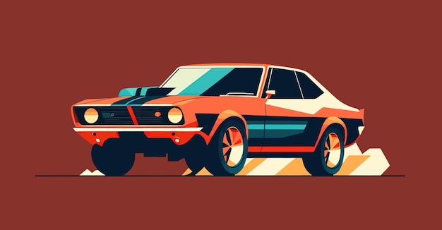 Стильный постер с оранжевым автомобилем Почувствуйте движение и мощь автомобиля, мускулистый автомобиль, смелые теплые цвета, яростный дизайн, характер, минимализм, ретро-автомобиль, концепт-вектор, иллюстрация Генеративный AI