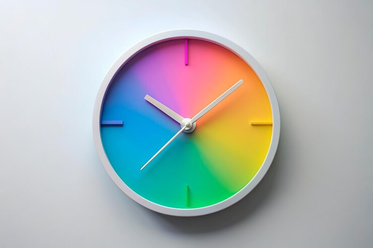 Vector stylish rainbow clock hanging on white wall