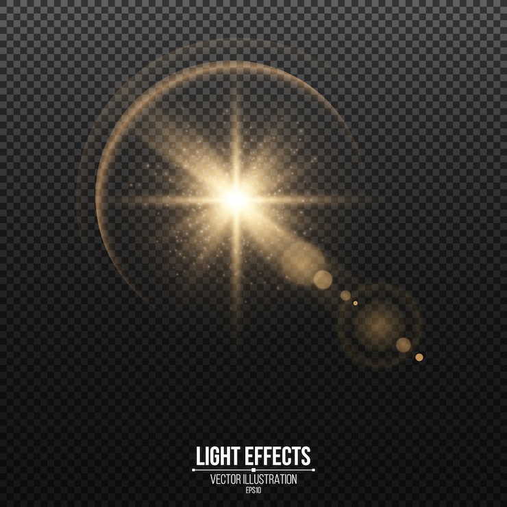 Vector stylish realistic golden star with glitter and bokeh isolated on a dark transparent background. glowing element.  .