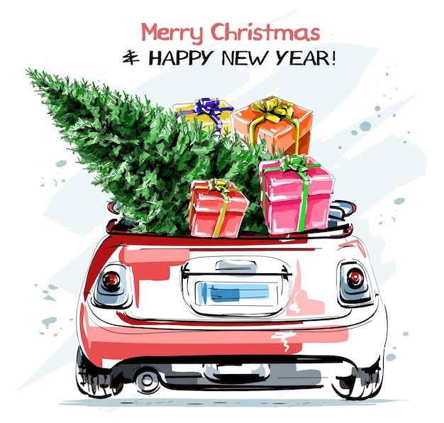 Stylish red car with cute christmas gift boxes and fir tree