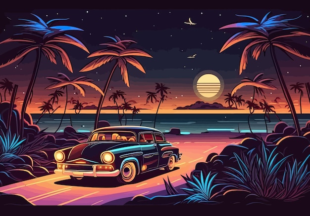 Premium Vector | Stylish retro poster palm generative ai car vintage ...