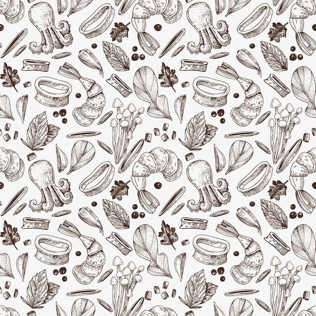 Stylish seamless pattern with classic Asian ingredients, seafood, spices on a white background.