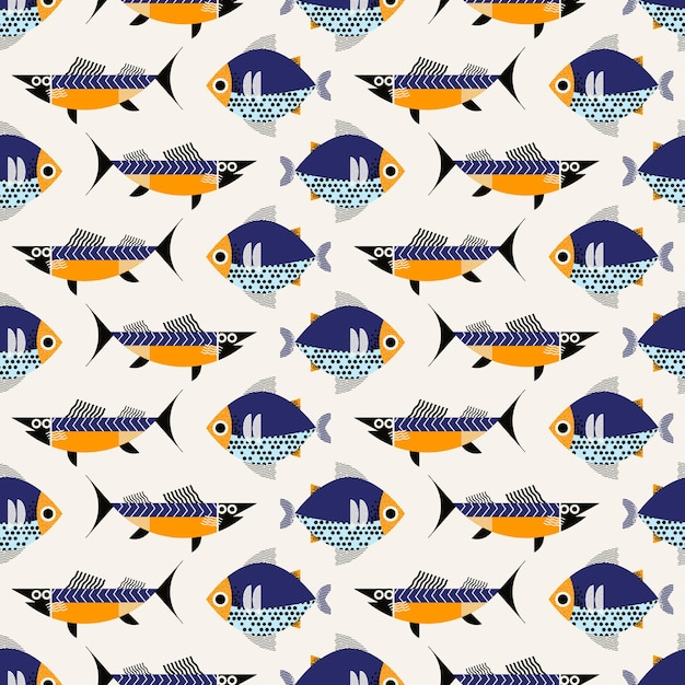 Stylish seamless pattern with different fish Vector square print background design