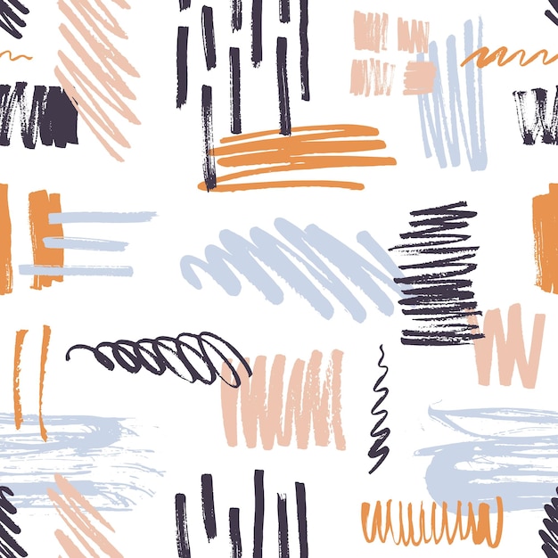 Vector stylish seamless pattern with vivid brush strokes, scribble daub on white