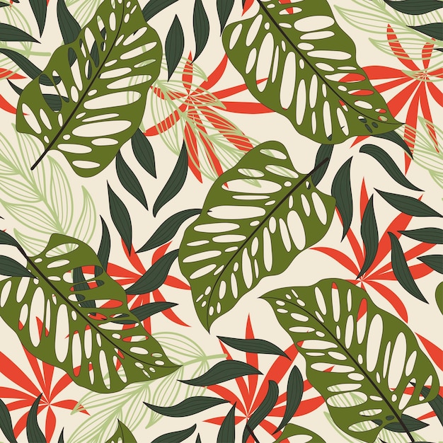 Stylish seamless tropical pattern with bright plants and leaves on a beige background