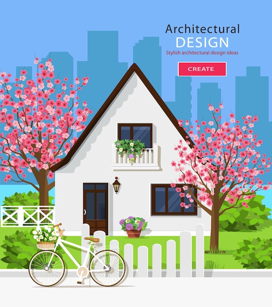 Stylish set with house, green yard, sakura trees, fence, bicycle, flowers and city background.