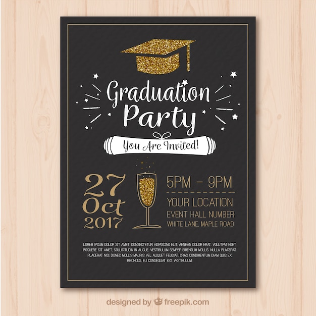 Stylish template of graduation party poster with golden elements