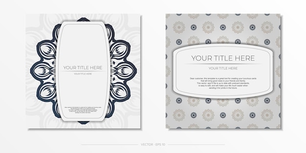 Stylish template for print design postcard white color with dark blue vintage ornament. vector preparation of invitation card with greek patterns.