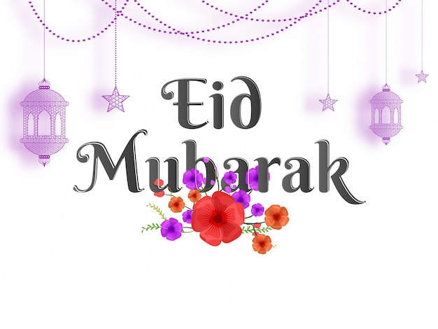 Vector stylish text eid mubarak with hanging lanterns, stars and flowers on white background.