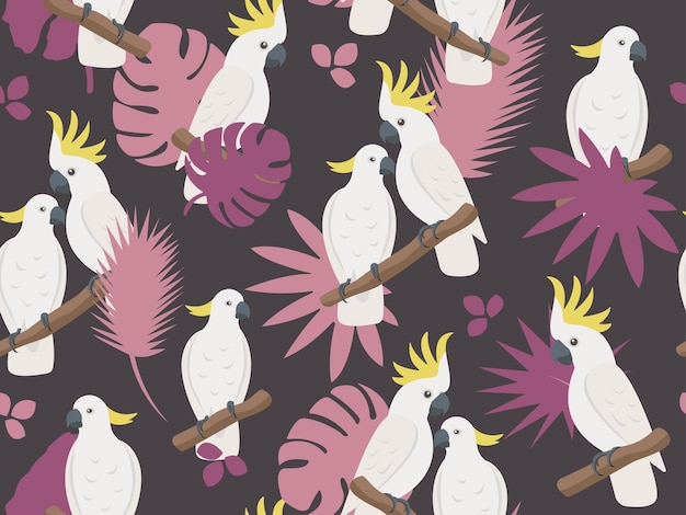 Stylish vector parrots love seamless pattern Cartoon cute cockatoo family with tropical leaves