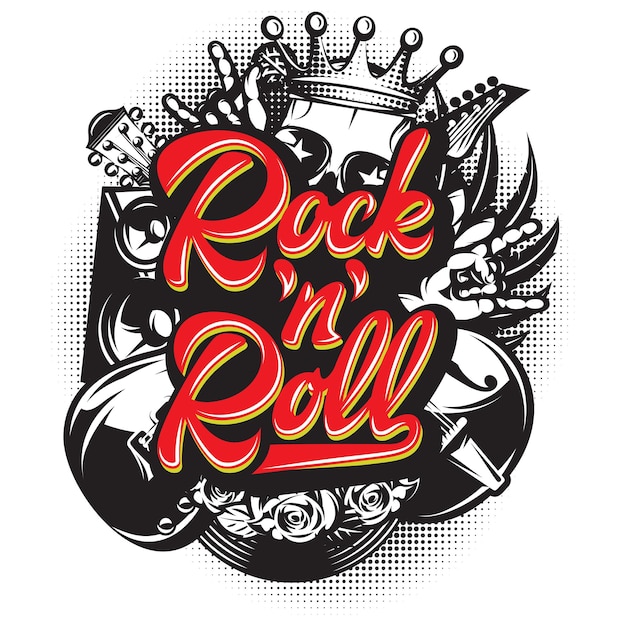 Vector stylish vector template for printing on the theme of rock music with a calligraphic inscription rock n roll