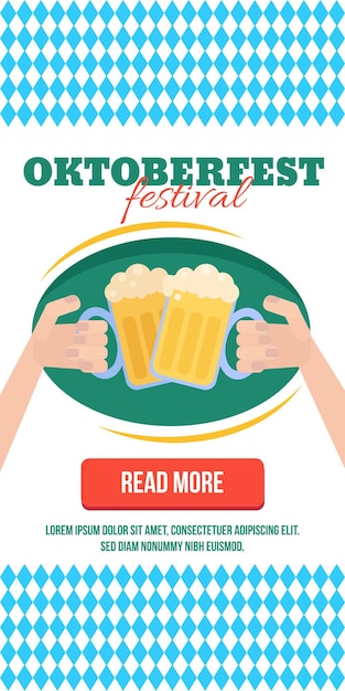 Stylish Web Oktoberfest Banner in bavarian colors with button. Vector