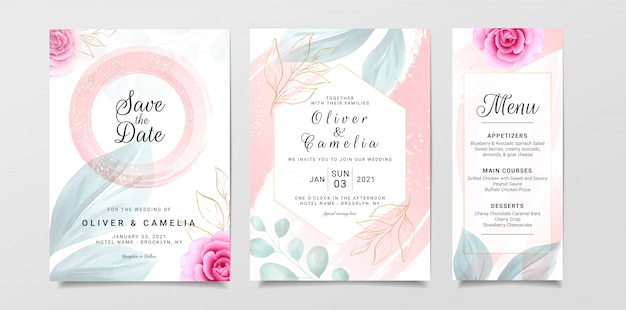 Стильный шаблон свадебного приглашения с акварелью и цветами
