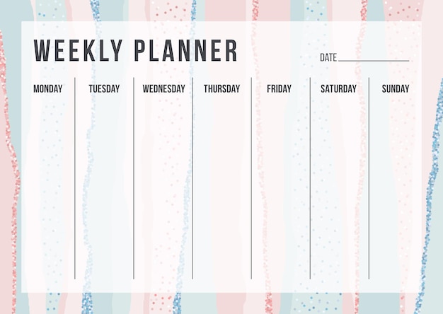 Vector stylish weekly planning template on striped background in pastel pink and blue colors