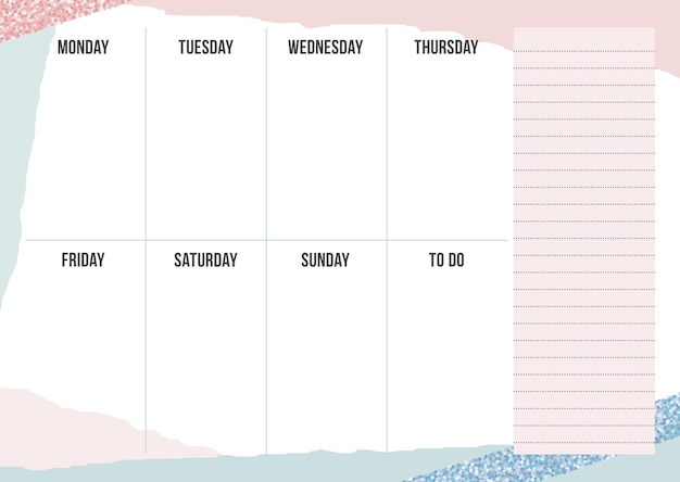 Vector stylish weekly planning template with notes on geometric background in blue pink and glitter color