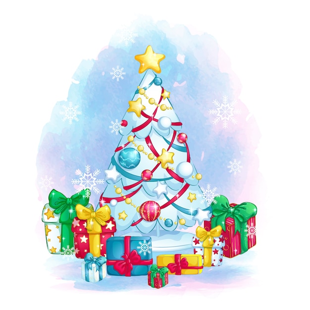 Stylish white christmas tree with colorful decorations and gift boxes. 