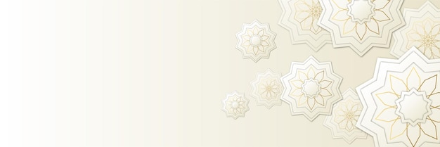 세련된 흰색 황금색 디자인 이슬람 라마단 카림 배너 배경입니다. 아랍어 패턴 배경입니다. 이슬람 장식 벡터입니다. 황금 아라베스크 패턴으로 럭셔리 만다라 배경