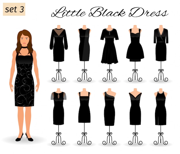 작은 검은 드레스에 세련 된 여자 캐릭터입니다. 마네킹에 칵테일 드레스의 집합입니다.