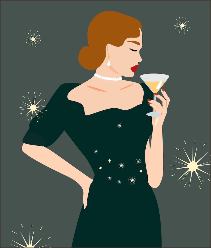 Vector a stylish woman in a green evening dress holds a cocktail in her hands.