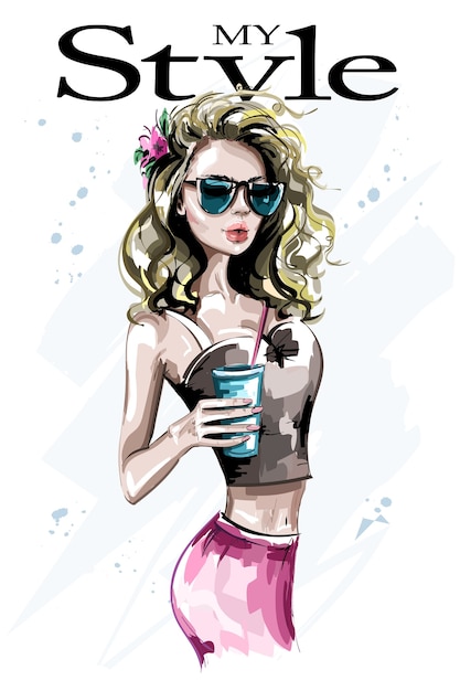 Vector stylish woman holding glass with drink