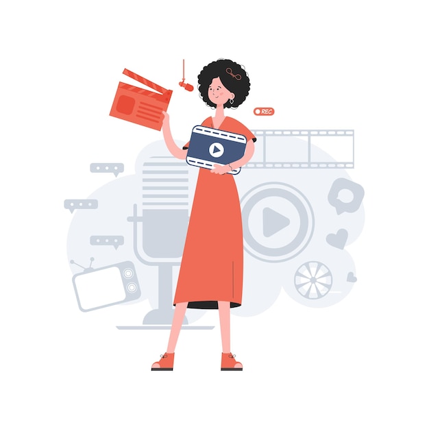 Stylish woman stands in full growth with an open clapperboard Blogging Element for presentations sites