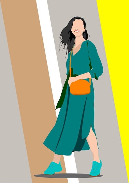 Stylish woman walking gracefully showcasing modern fashion trends with her teal dress and orange bag Hand drawn illustration