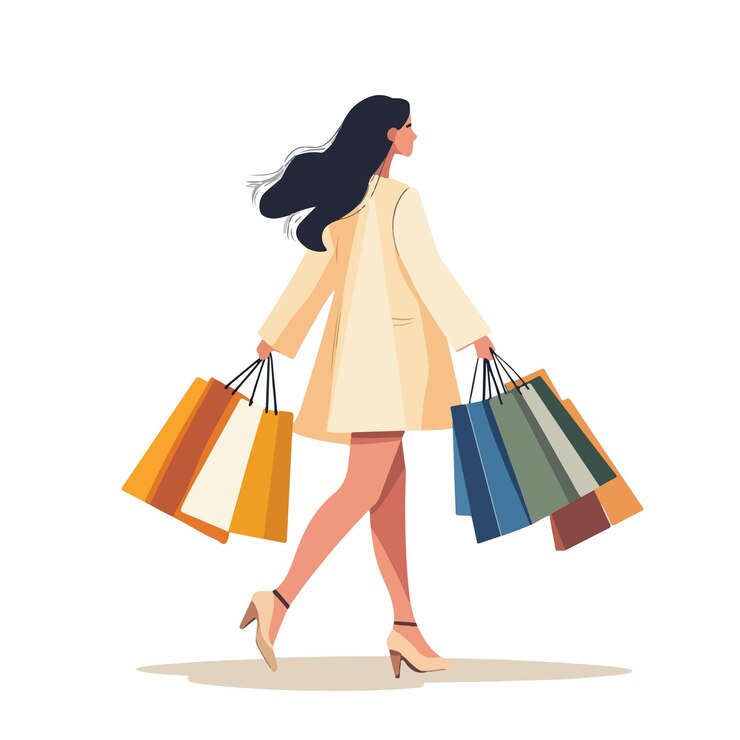 Vector stylish woman walking with many shopping bags in fashion district