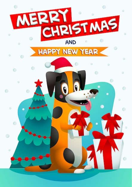 Vector stylish yellow dog with santa claus red hat and gift box