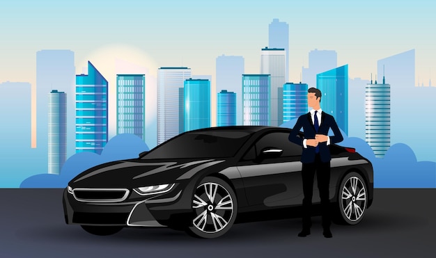 Vector stylish young business man in black suit stands near a black sports car with urban landscape cityscape business center in the metropolis in the background vector illustration