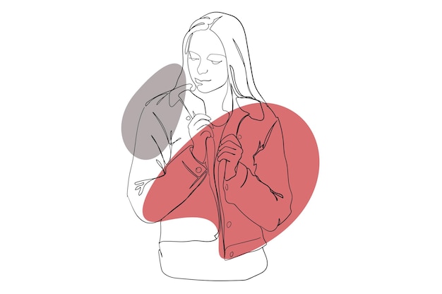 Stylish young girl continuous line drawing concept Woman with long hair wears fashionable jacket