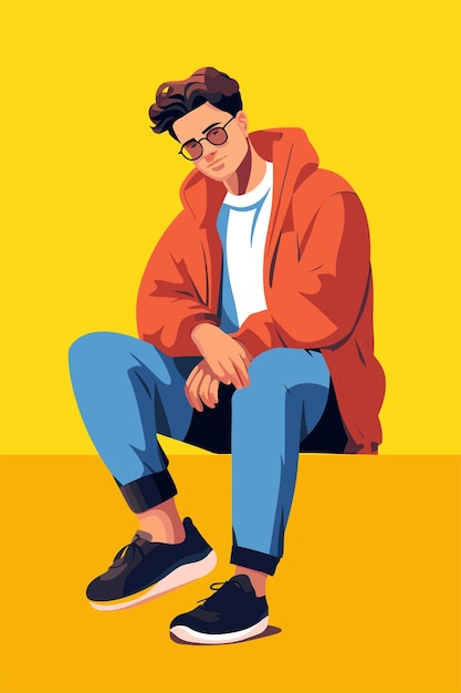 Vector stylish young man in casual clothes sitting on the floor vector illustration