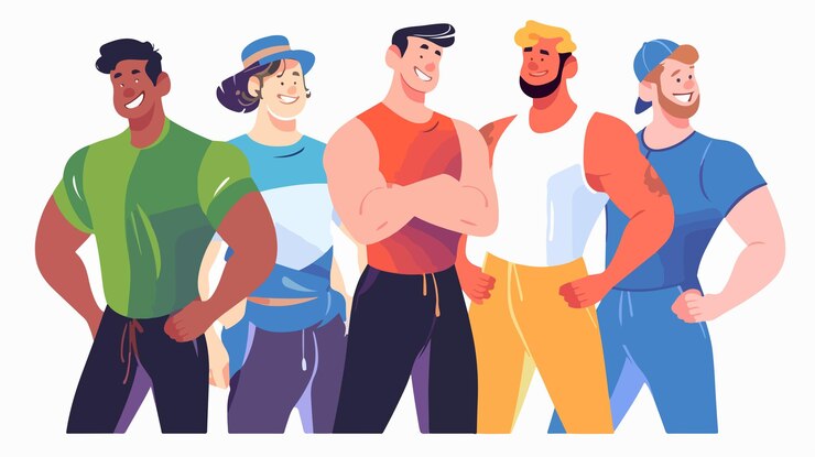 Vector stylish young men in sportswear fashionable and handsome male models standing together