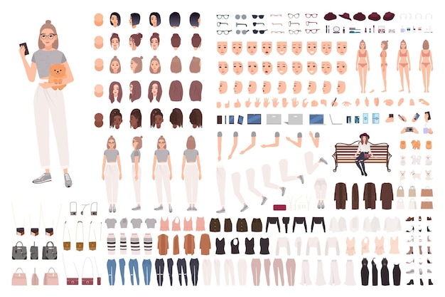 Стильный набор анимации молодой женщины или конструктор. Коллекция частей тела, жестов, модной одежды и аксессуаров.
