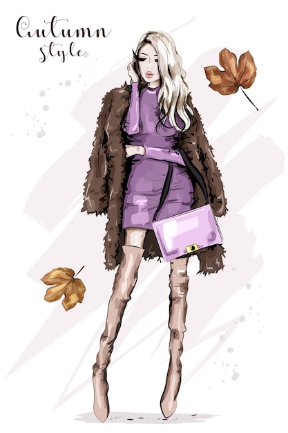 Vector stylish young woman in fur jacket holding bag