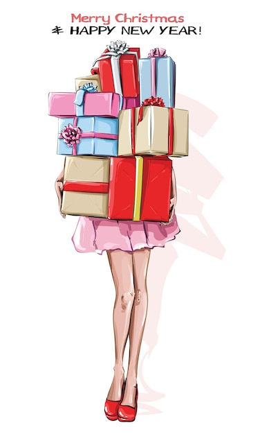 Vector stylish young woman holding gift boxes