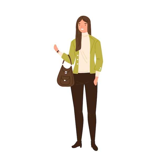 Vector stylish young woman wearing modern jacket, trousers and turtleneck. female character in trendy clothes holding handbag. flat vector cartoon illustration isolated on white background.