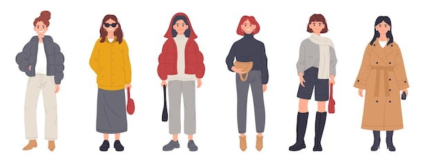 Eleganti giovani donne ragazze alla moda vestite alla moda che indossano abiti casual il fashon moderno sembra un set di illustrazioni vettoriali a cartoni animati piatti