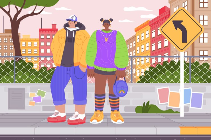 Vector stylish youth walking in an urban environment