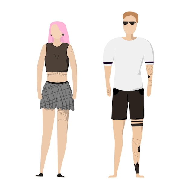 Vector stylishly dressed young man and teenager girl with tattoos  vector illustration