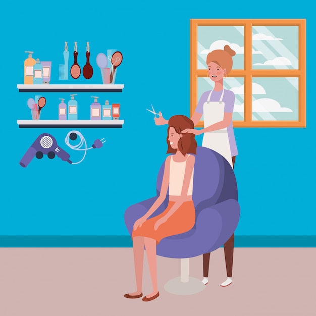 Vector stylist fixing hair to client in the salon characters
