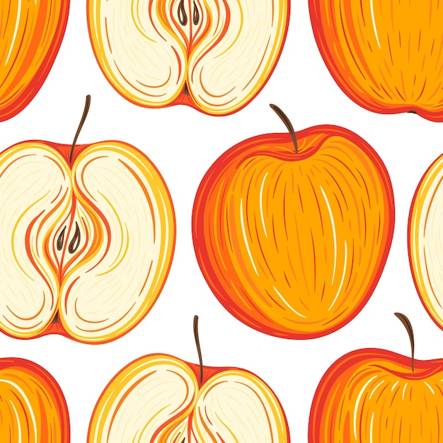 Stylized apples seamless pattern hand drawn decorative background with colorful fruits