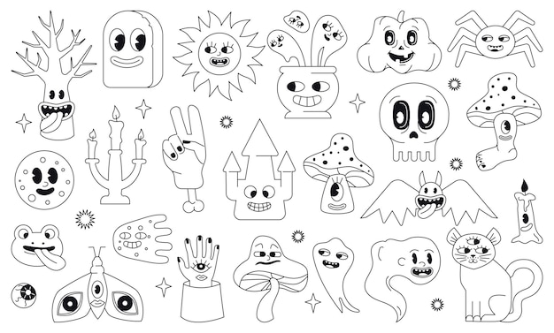 Stylized as an old cartoon set of black and white Halloween characters Contoured  figures and tatoo