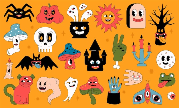 Stylized as an old cartoon set of Halloween characters Outlined vector funny shapes