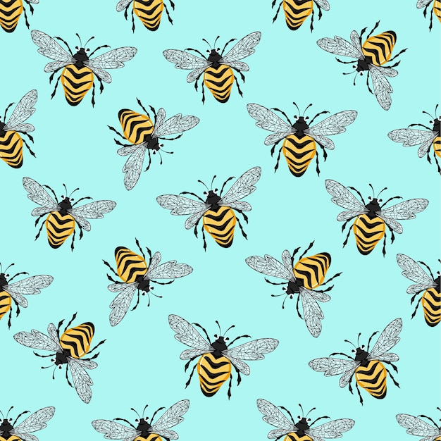 Stylized bees on a light blue background Seamless pattern Fabric texture