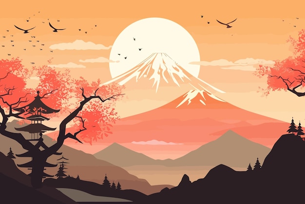 Stylized black ink wash painting of mountains in traditional oriental minimalistic Japanese style Vector illustration