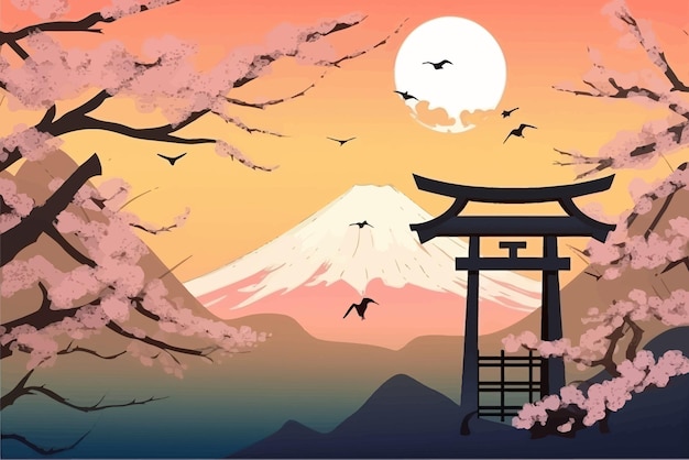 전통적인 동양의 미니멀리즘 일본식 벡터 그림에서 산의 양식화된 검정 잉크 세척 그림