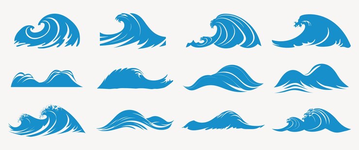 Vector stylized blue ocean waves isolated element set vector