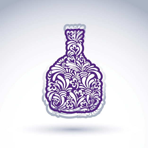 Bottiglia stilizzata decorata con motivi floreali vettoriali etnici. illustrazione dell'idea dell'alcool, elegante brocca fiorita di arte grafica.